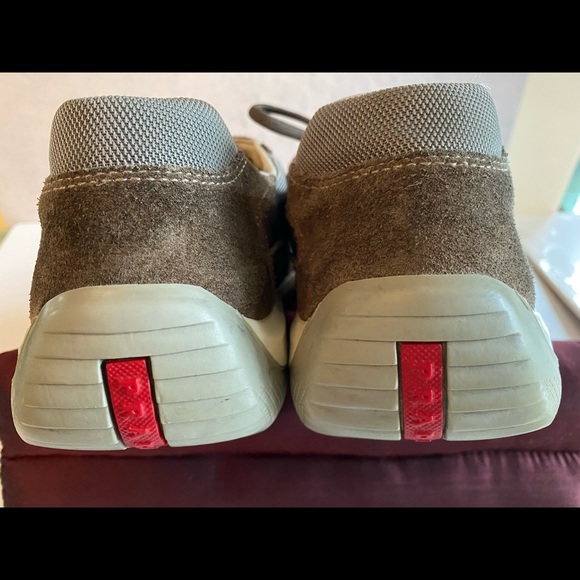 PRADA AMERICAS CUP SNEAKERS OLIVE SUEDE/MESH LOGO TONGUE/HEEL/INSOLE 10.5 EXCELL - Picture 15 of 16